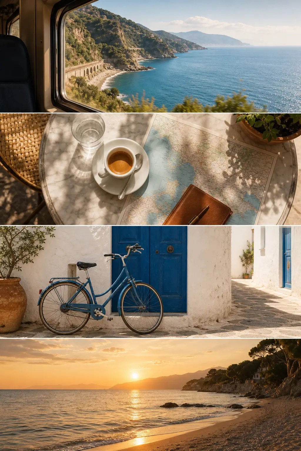 Tall travel story collage designed to split into four horizontal sections