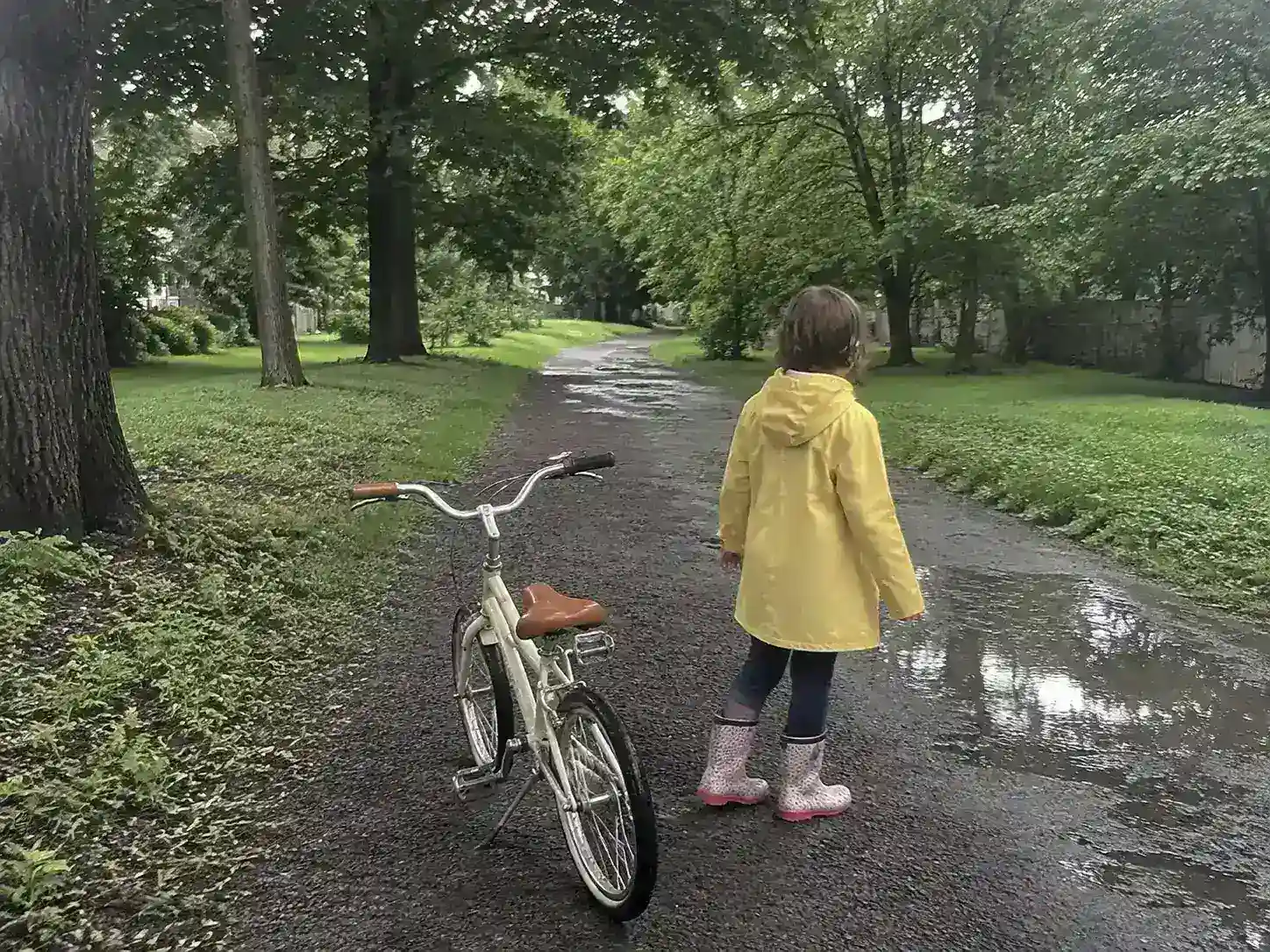 Soft photo of a child riding a bicycle on a wet tree-lined path before enhancement
