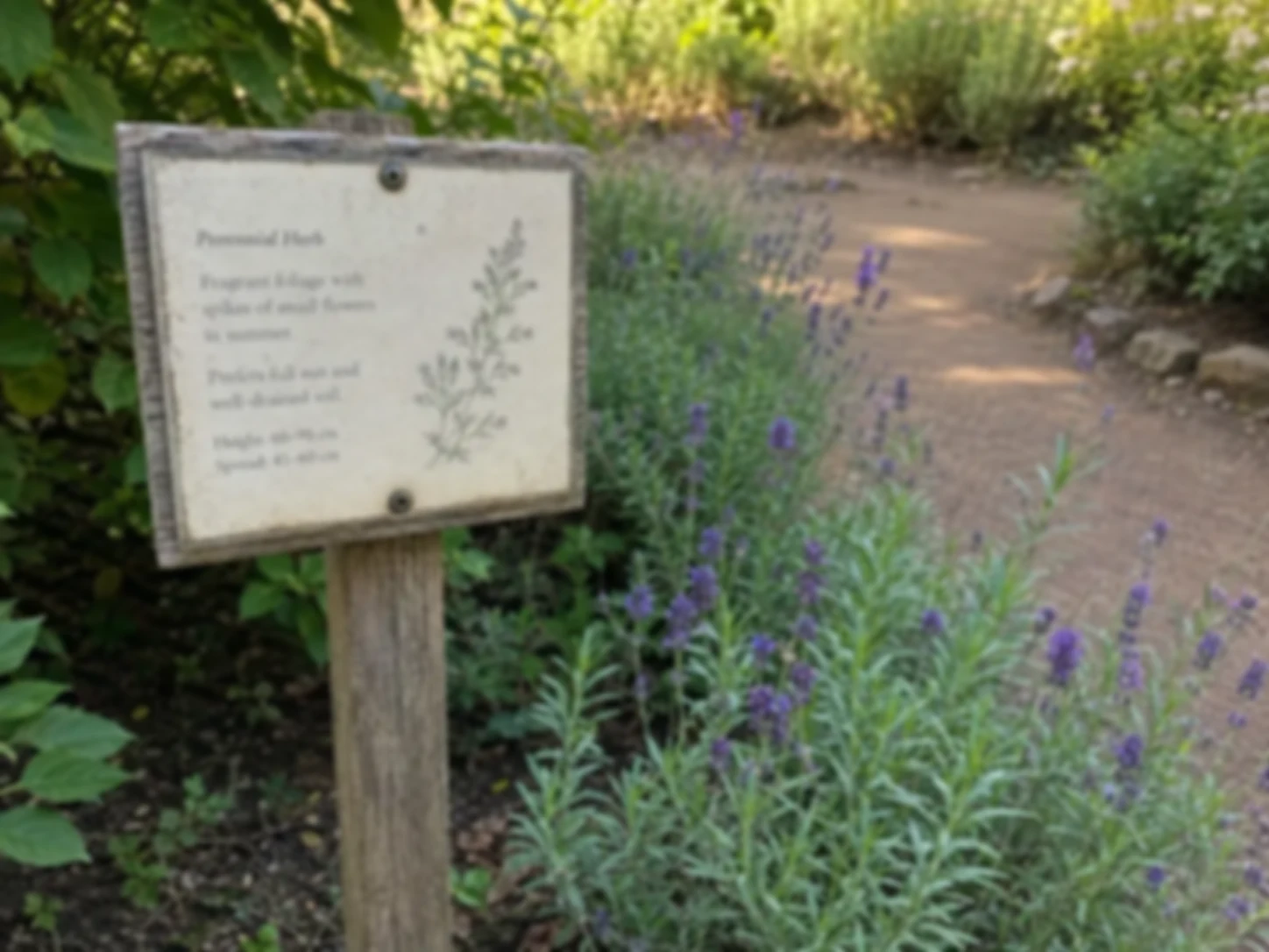 Soft botanical garden sign with small printed text before enhancement